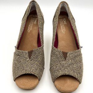 TOMS Stella Calypso Brown Metallic Herringbone Tweed Peep‎ Toe Cork Wedge…